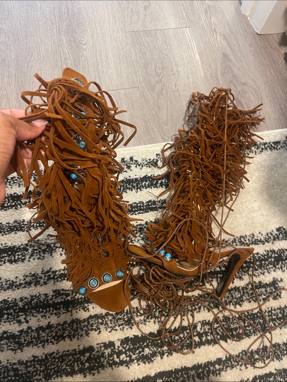 Brown Fringe Gladiator Sandals with Turquoise Accents - Horrifically tangled